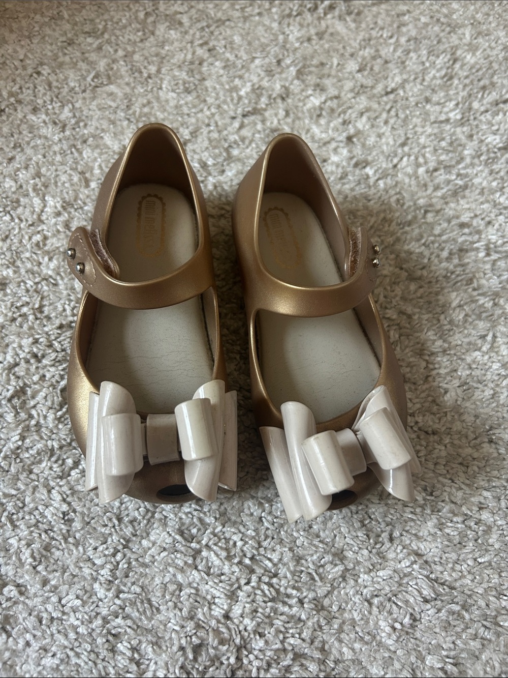 Mini Melissa Metallic Gold Mary Jane Shoes with Cream Bows